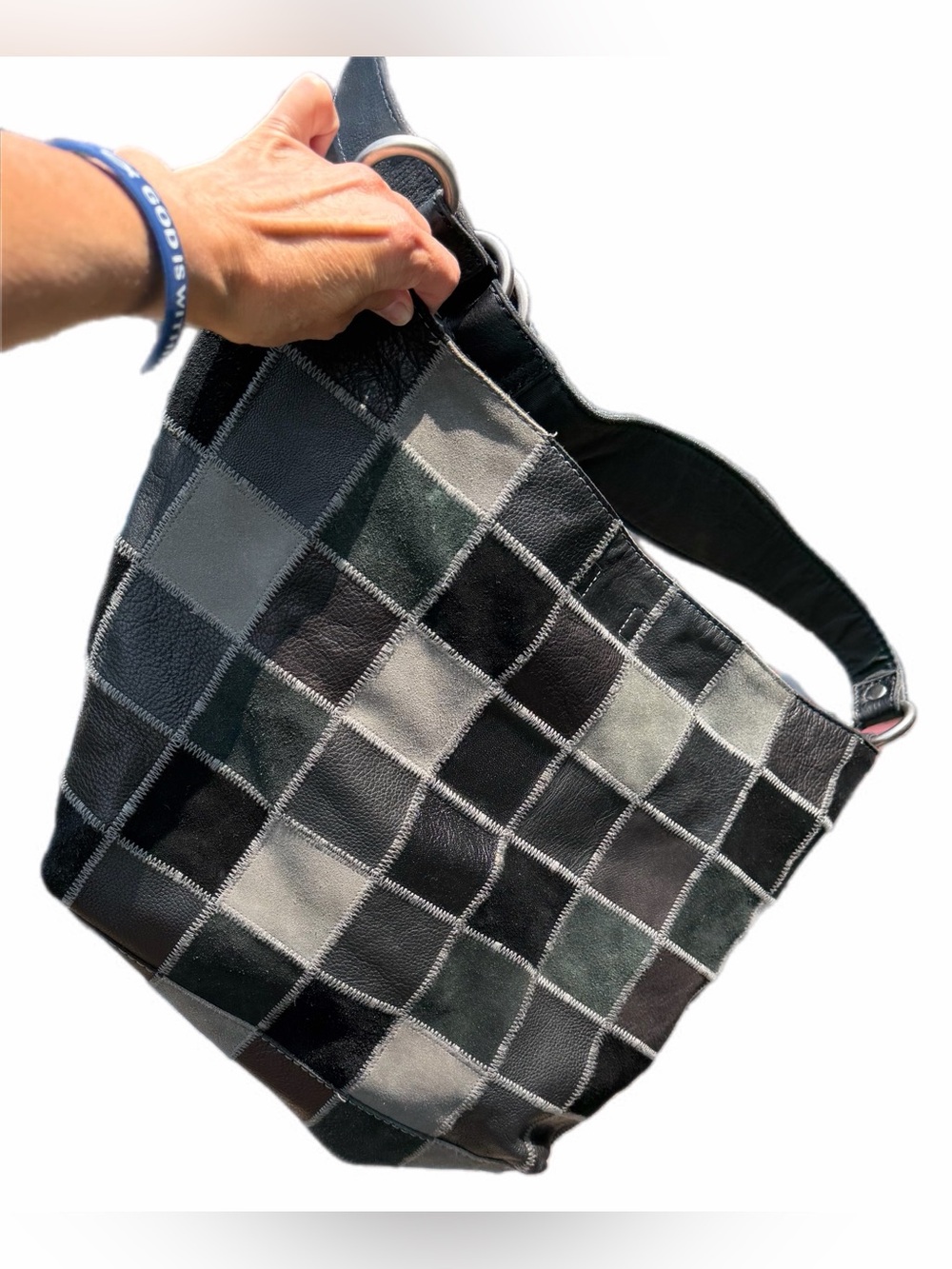 Lucky Brand Black Gray Patchwork Leather Suede Hobo Shoulder Bag Boho Y2K - Picture 9 of 13